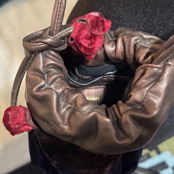 Velvet + Leather Small Drawstring Bucket Bag, Multi-Color with Velvet Flowers - Picture 10 of 15